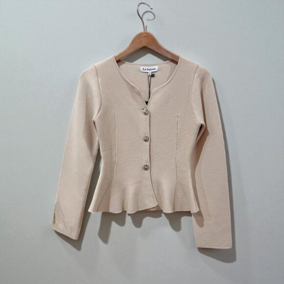 NWT En Saison Idah Structured Tailored Peplum Knit Cardigan w Novelty Buttons - Picture 7 of 8